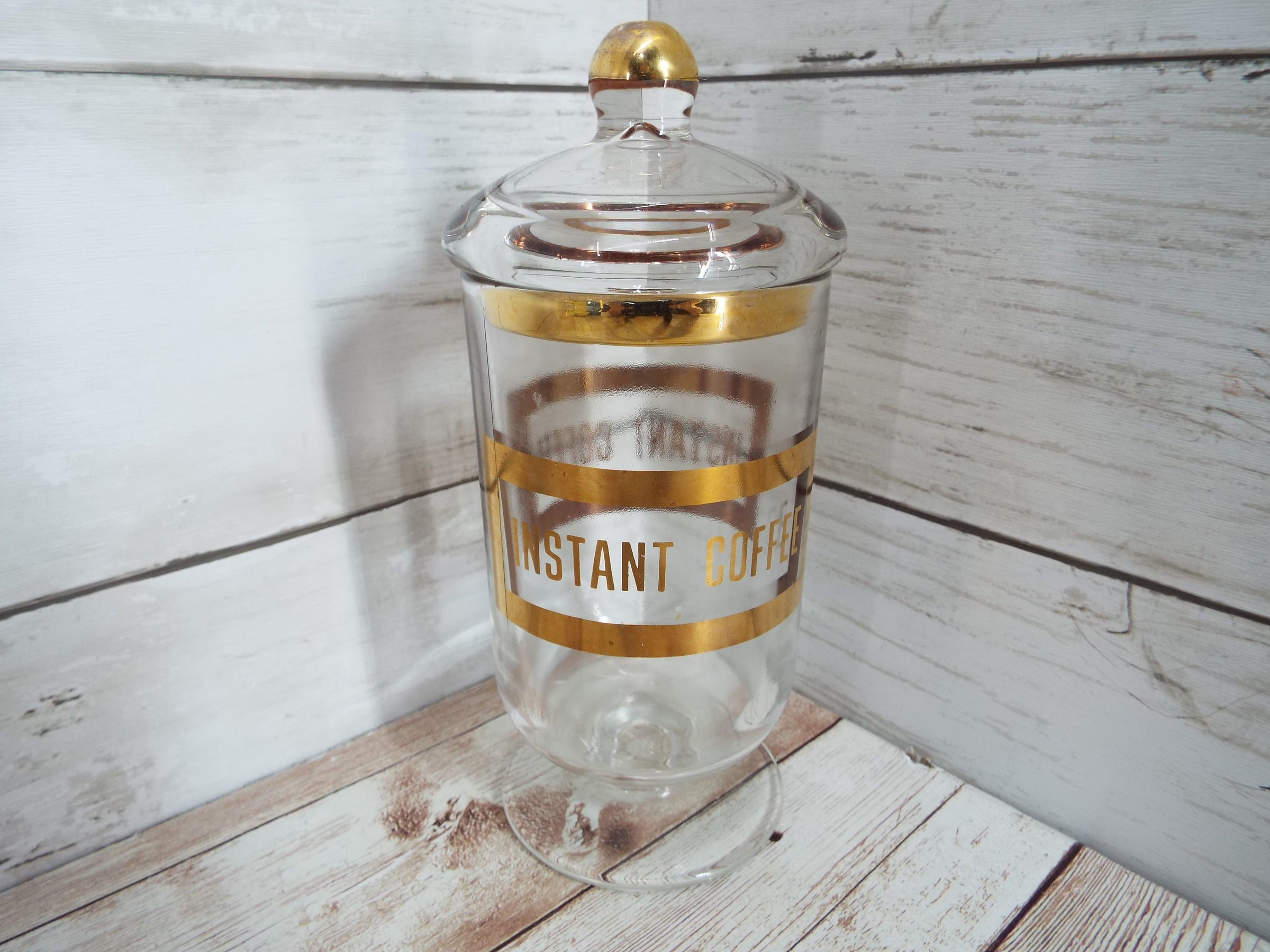 VINTAGE GOLD TRIM GLASS INSTANT COFFEE JAR w/LID & SPOON